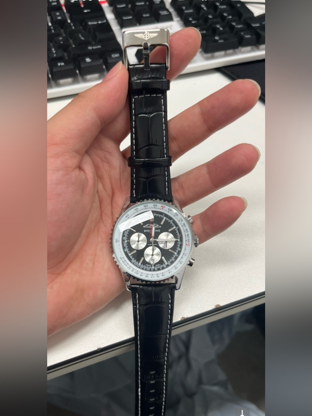 Clone Breitling Black Dial Silver Chronograph Watch with Black Leather Strap